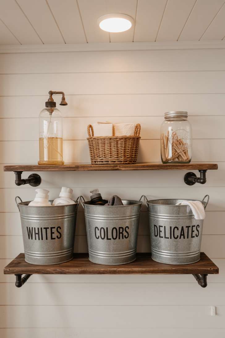 13 Cozy Farmhouse Laundry Room Ideas to Refresh Your Home 10 Galvanized metal laundry buckets, glass detergent dispenser, and woven basket on a dark wood shelf with black pipe brackets