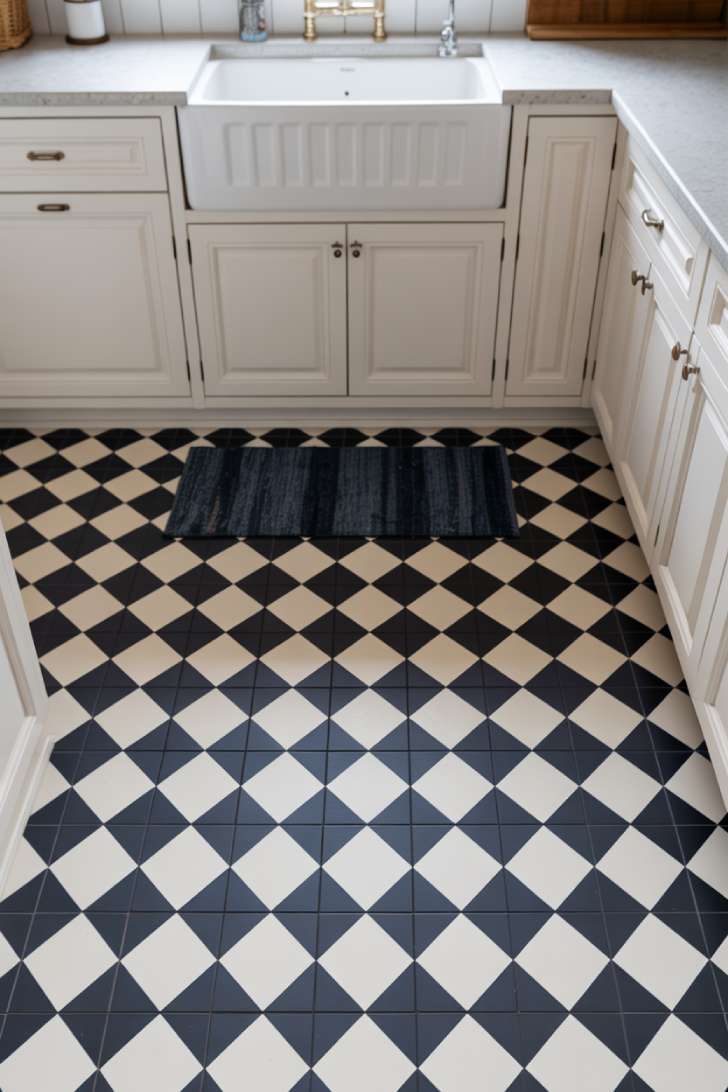 13 Cozy Farmhouse Laundry Room Ideas to Refresh Your Home 11 Black and white patterned encaustic-style cement tile floor with white shaker cabinets and farmhouse sink