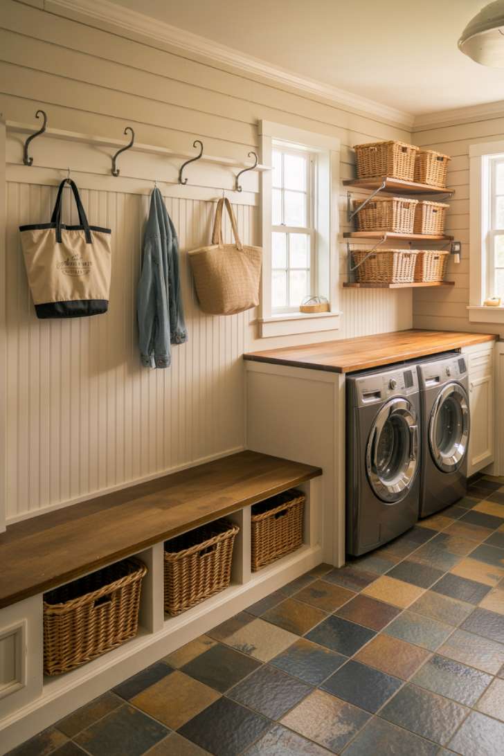 13 Cozy Farmhouse Laundry Room Ideas to Refresh Your Home 12 Farmhouse mudroom and laundry room combo with built-in bench, shiplap walls, farmhouse sink, and open shelving