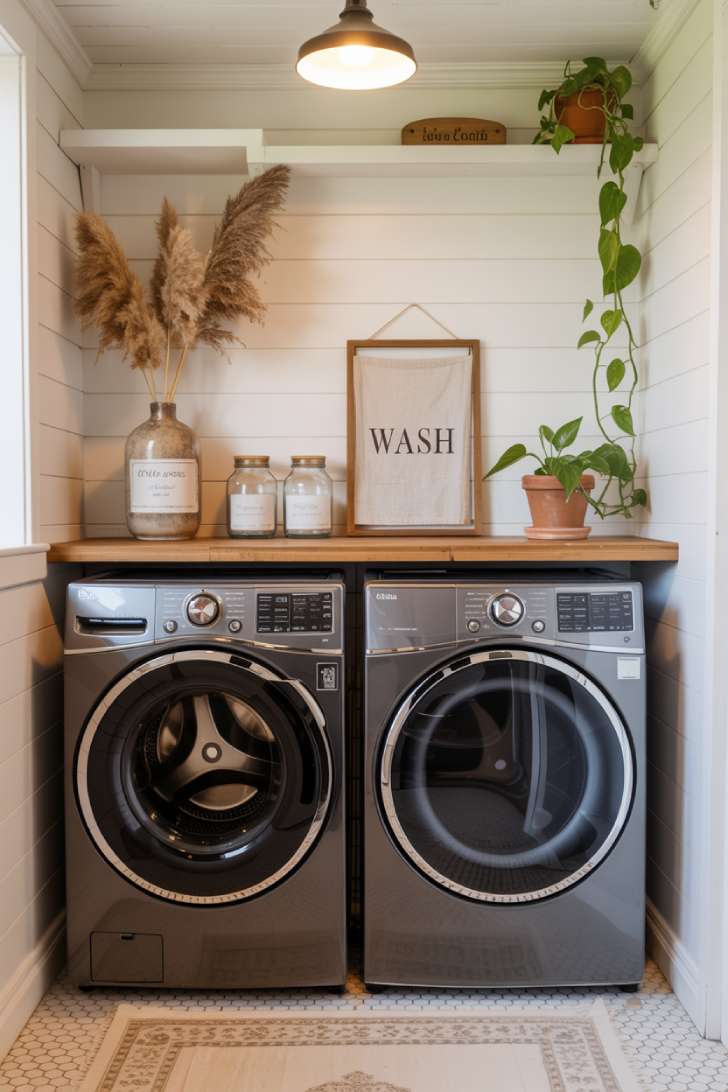 13 Cozy Farmhouse Laundry Room Ideas to Refresh Your Home 13 Cozy farmhouse laundry room with dried pampas grass, trailing pothos, vintage runner rug, and black pendant light