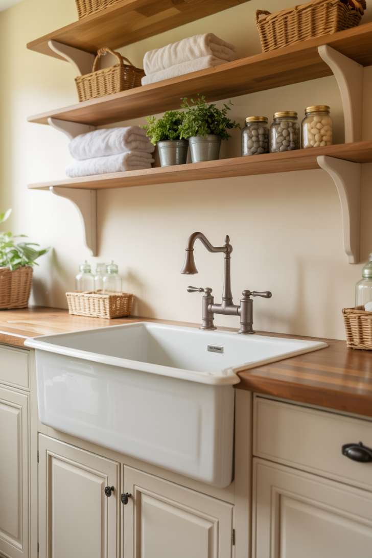 13 Cozy Farmhouse Laundry Room Ideas to Refresh Your Home 2 Deep apron-front porcelain farmhouse sink with matte black gooseneck faucet and open wood shelving above