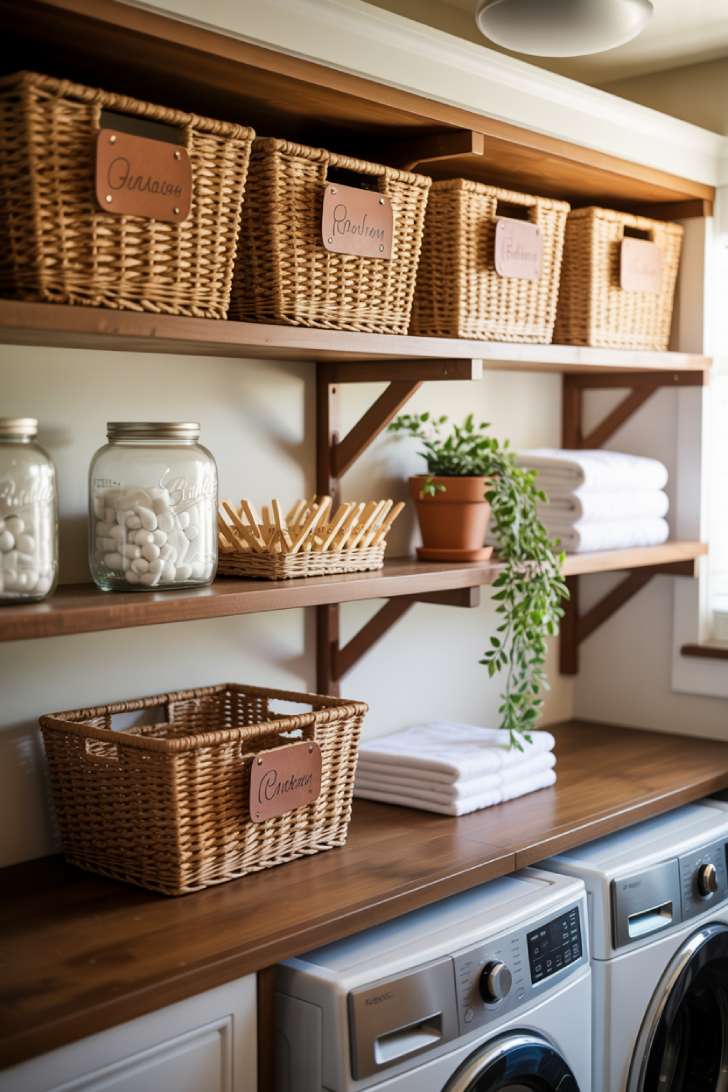 13 Cozy Farmhouse Laundry Room Ideas to Refresh Your Home 3 Open walnut-stained wooden shelves above washer and dryer with woven baskets, mason jars, and trailing plant