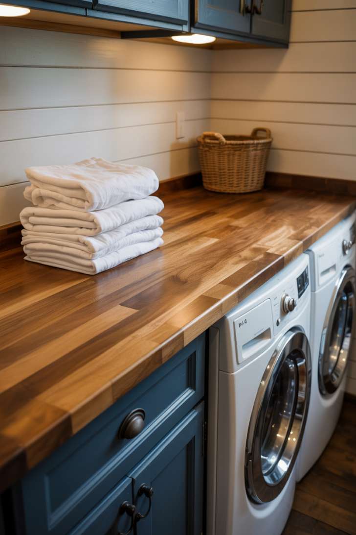 13 Cozy Farmhouse Laundry Room Ideas to Refresh Your Home 4 Sealed butcher block countertop over navy blue shaker cabinets in a farmhouse laundry room with white shiplap walls