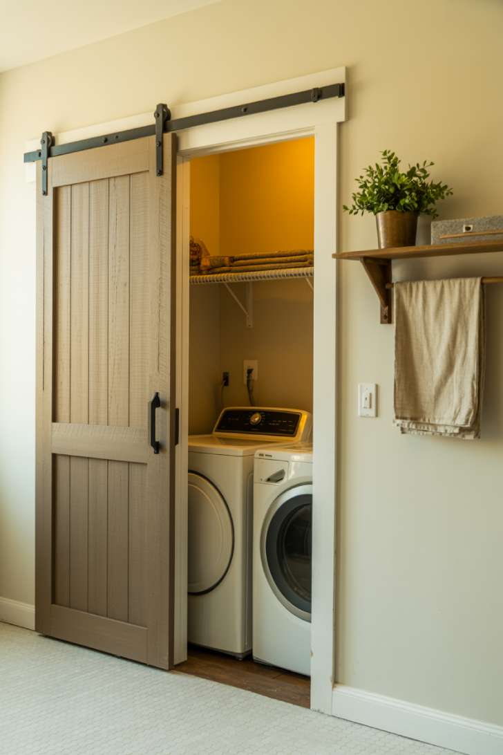 13 Cozy Farmhouse Laundry Room Ideas to Refresh Your Home 5 Weathered wood sliding barn door on black iron rail concealing a laundry closet in a farmhouse-style space
