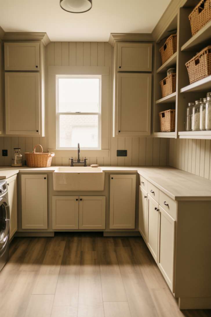 13 Cozy Farmhouse Laundry Room Ideas to Refresh Your Home 6 Sage green upper cabinets with white lower shaker cabinets and wood-look LVP flooring in a farmhouse laundry room