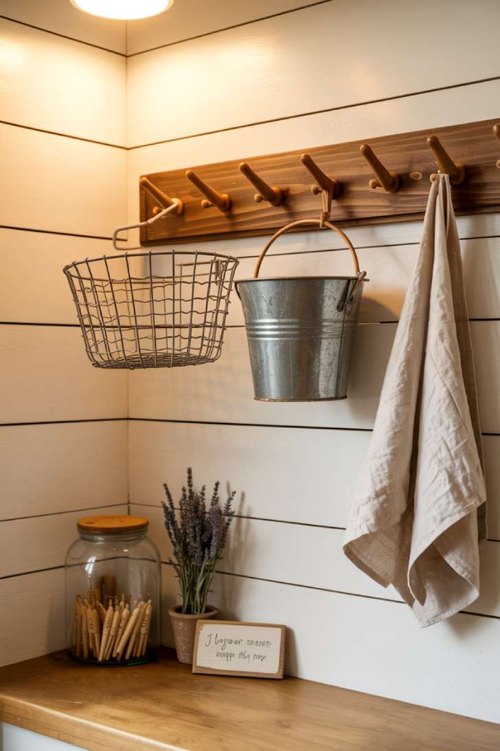 13 Cozy Farmhouse Laundry Room Ideas to Refresh Your Home 7 Wooden peg rail on white shiplap wall with galvanized bucket, clothespin jar, and dried lavender in a farmhouse laundry room