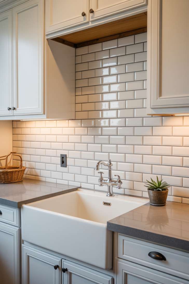13 Cozy Farmhouse Laundry Room Ideas to Refresh Your Home 8 Classic white subway tile backsplash with grey grout behind a farmhouse sink and white shaker cabinets in a laundry room