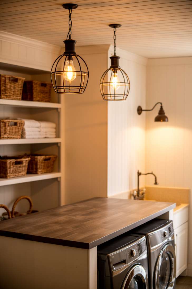 13 Cozy Farmhouse Laundry Room Ideas to Refresh Your Home 9 Black metal cage pendant lights above a butcher block folding counter in a farmhouse laundry room with open shelving