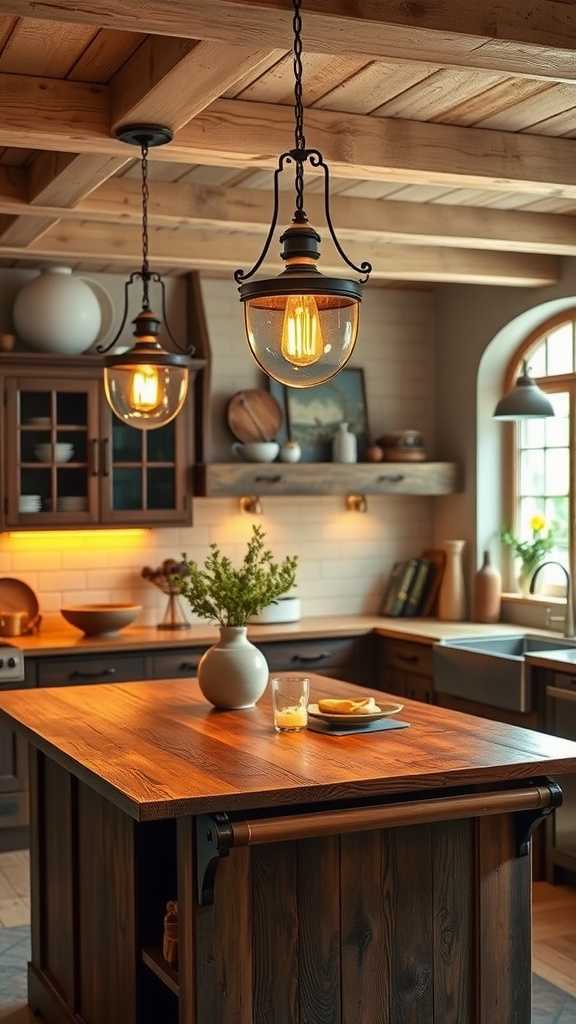 A cozy farmhouse kitchen with metal cage pendant lights hanging above a wooden island.