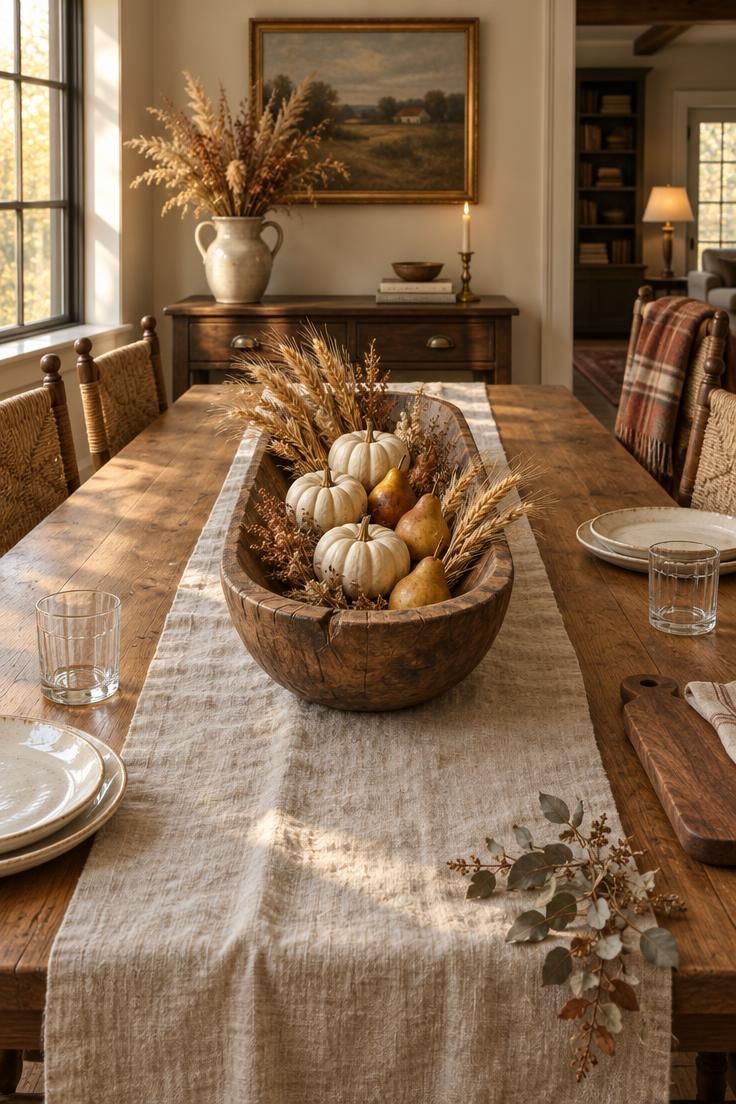 Farmhouse dining table with a wooden dough bowl centerpiece of white pumpkins, dried wheat, and pears on a linen runner, warm golden window light.
