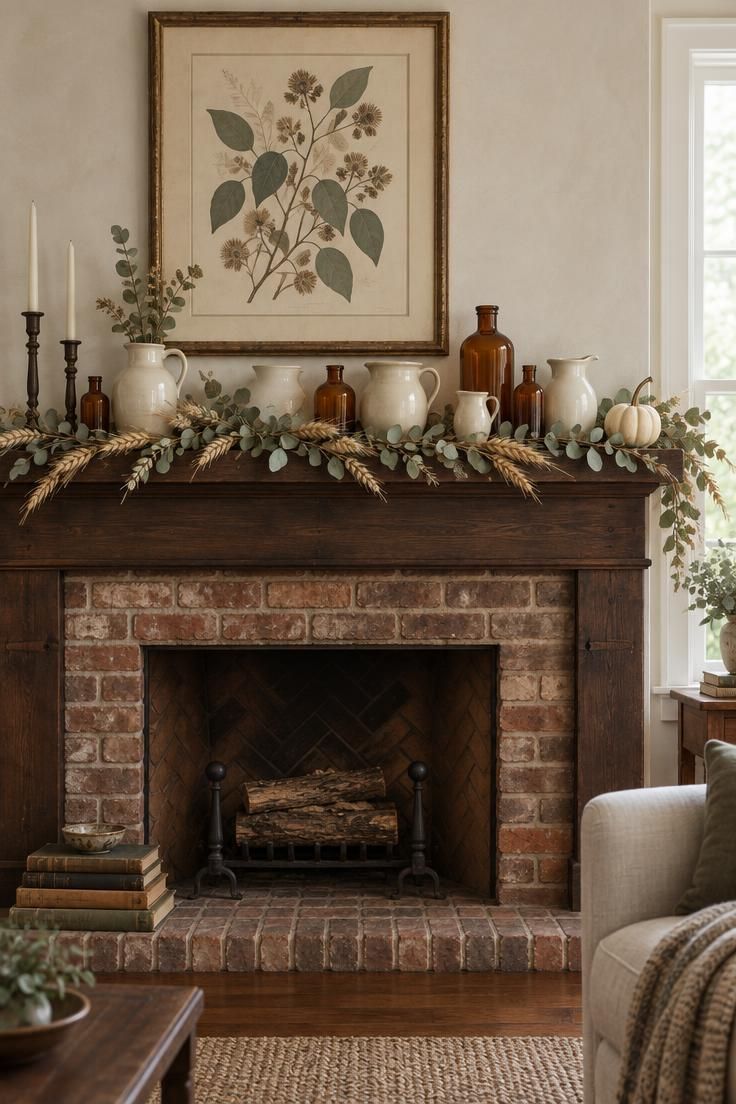Farmhouse fireplace mantel layered with a dried eucalyptus and wheat garland, cream ironstone jugs, amber bottles, and a large framed botanical print, soft diffused daylight.