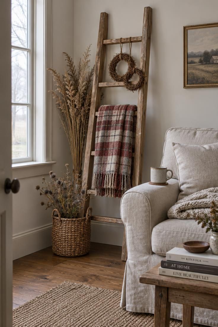 Farmhouse living room corner with a distressed wooden ladder holding a plaid throw and grapevine wreaths, dried grasses behind, cool overcast daylight.