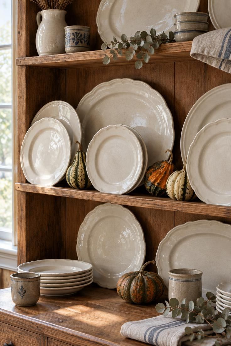 Farmhouse hutch with cream ironstone plates propped in rows, small gourds tucked between them, bright midday window light on the glaze.