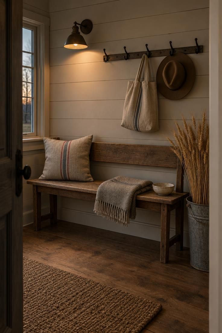 Farmhouse entry bench with a grain-sack pillow and wool throw, galvanized bucket of dried wheat beside it, moody low light from a side window.