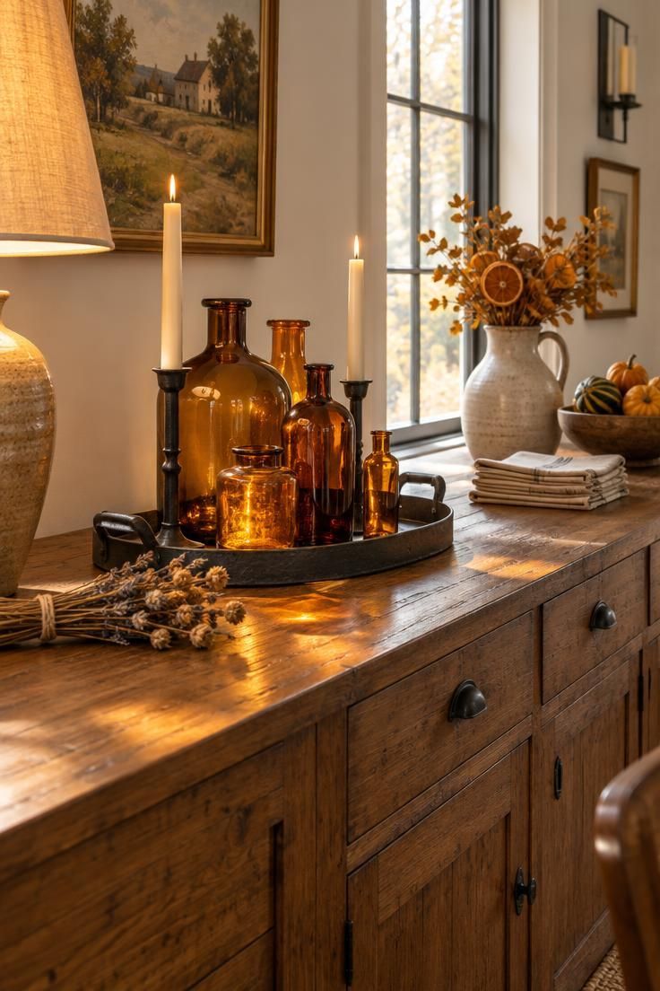 Farmhouse sideboard with a tray of amber glass bottles and taper candles in iron holders, warm golden light glowing through the amber glass.