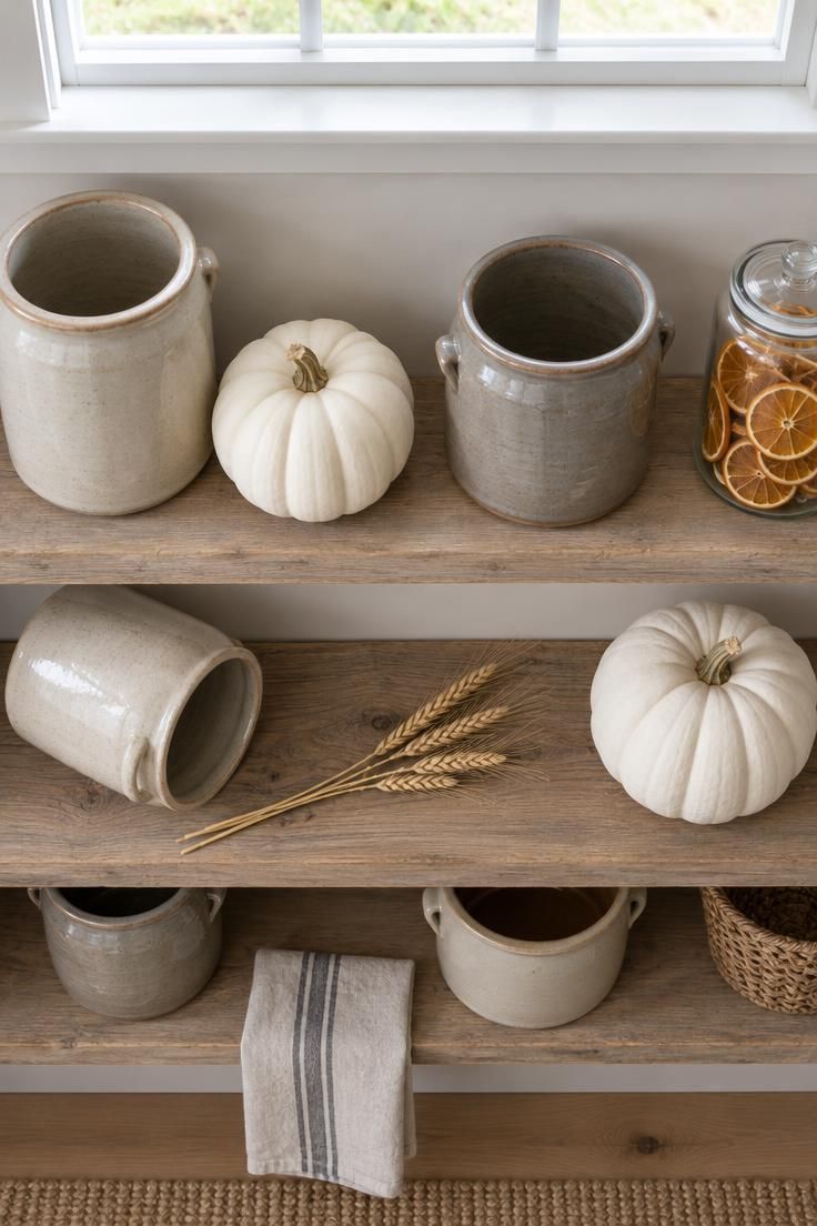 Open kitchen shelves seen from above with stoneware crocks, white pumpkins, and a jar of dried orange slices, bright midday light.