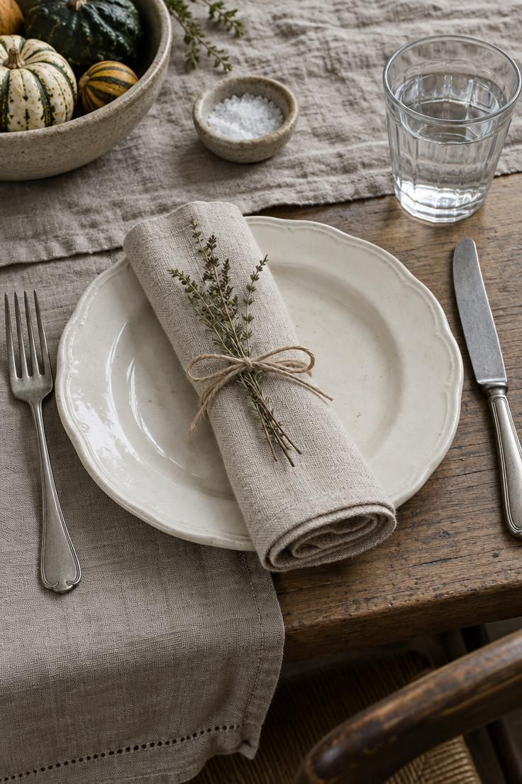 Ironstone plate with a rolled linen napkin tied in twine and a dried herb sprig, vintage flatware, soft window light on the weave.