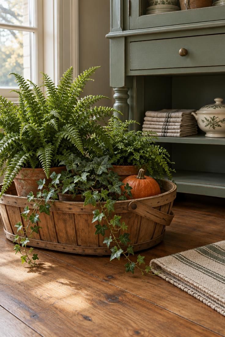 Farmhouse dining room floor with a low wooden market basket holding potted ferns, trailing ivy, and a small pumpkin.
