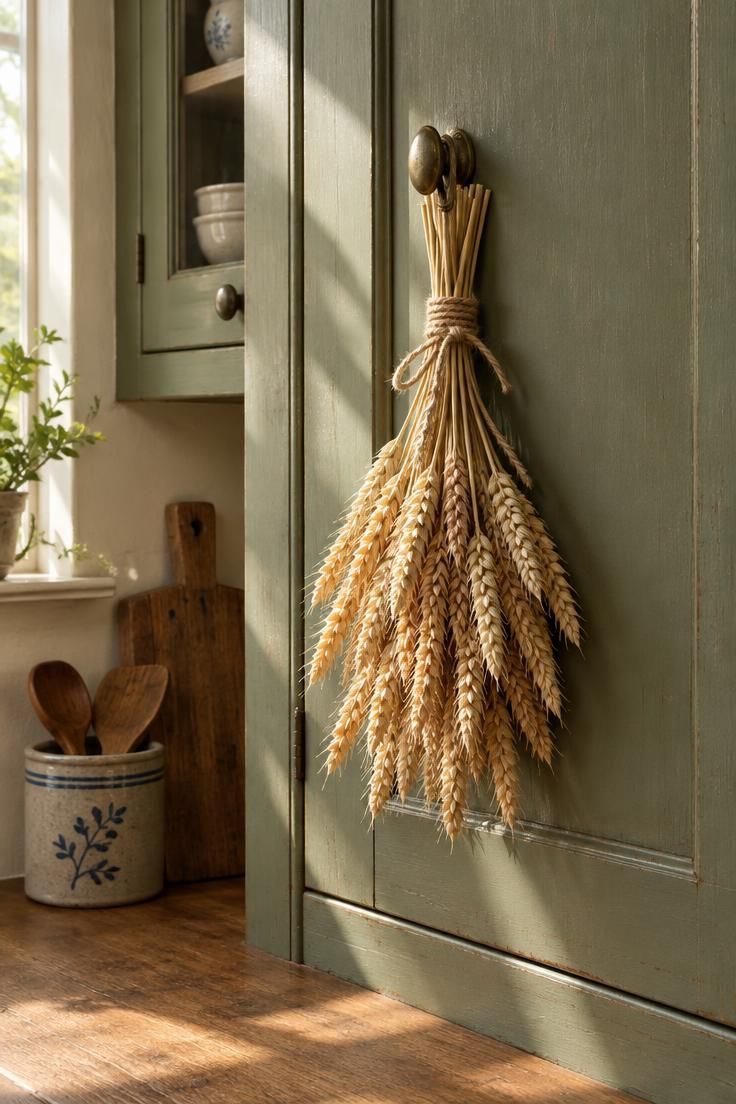 Small wheat sheaf tied with twine hanging from a kitchen cabinet door, faded sage-green cabinet, warm afternoon light.