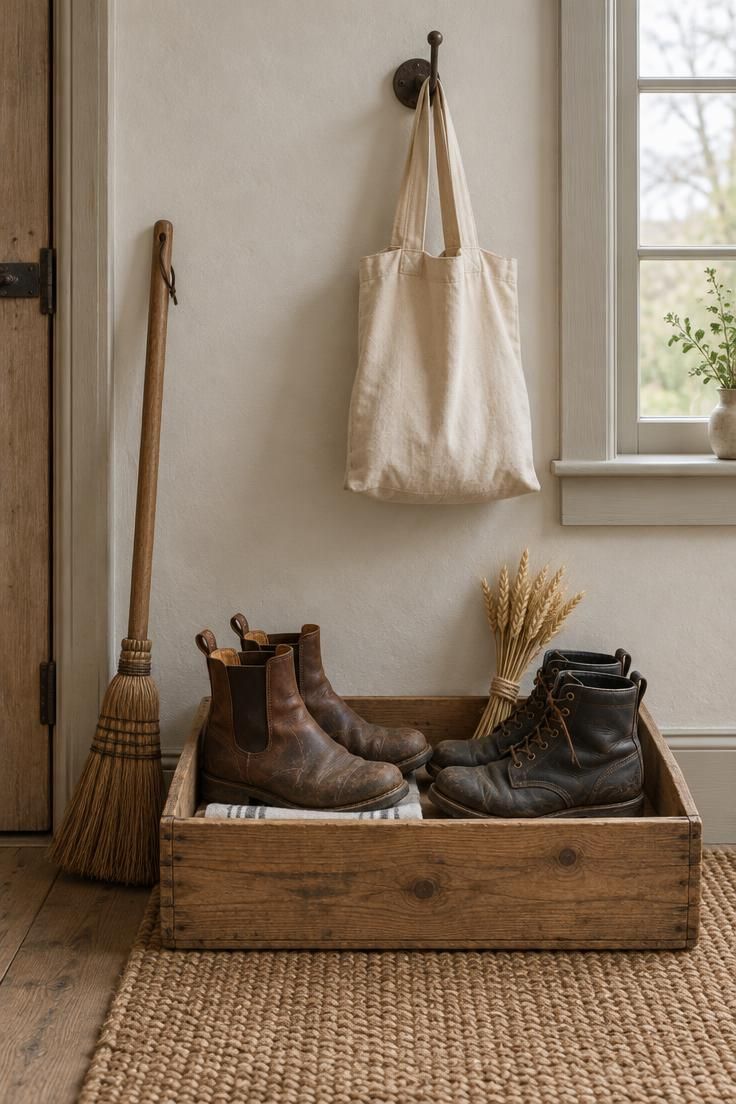 Wooden harvest crate boot tray by a farmhouse door with worn leather boots, dried wheat, hanging canvas tote, and hand broom.