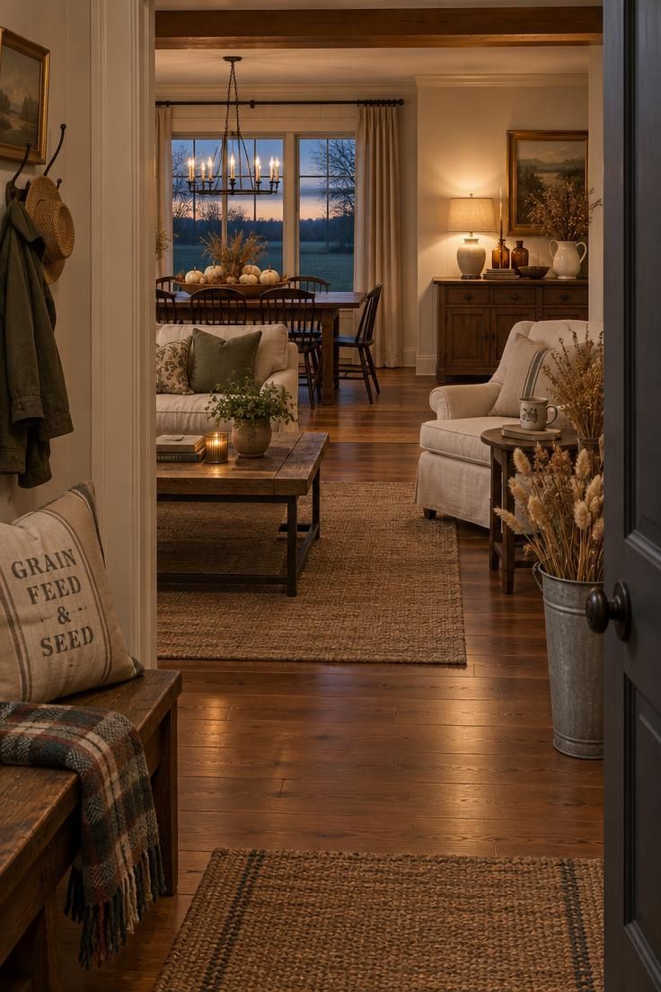 Warmly lit farmhouse home at dusk with a dough bowl centerpiece on the dining table, ironstone and amber glass on a sideboard, dried grasses in a galvanized bucket, and a grain-sack pillow on a bench.