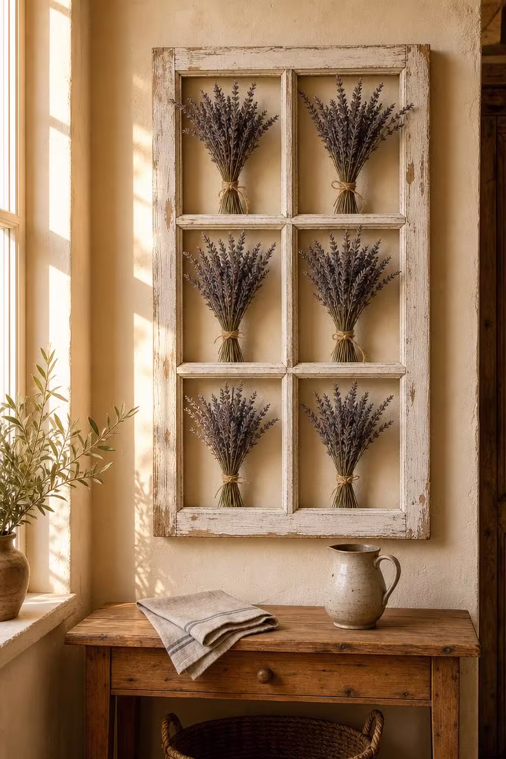 A whitewashed cedar window frame with dried lavender bundles tucked into each pane, mounted on a cream wall in warm golden afternoon light.