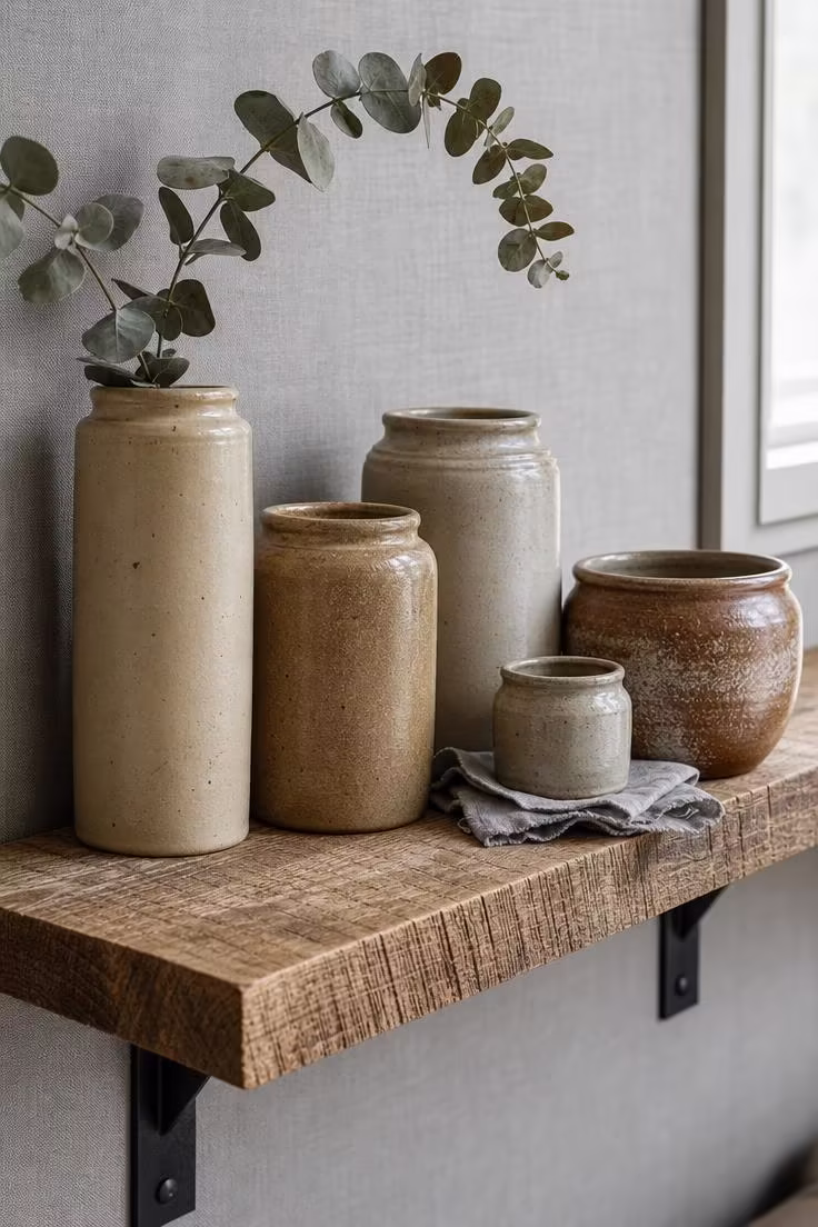 A close-up of mismatched stoneware crocks arranged on a rough-sawn oak shelf with black iron brackets, photographed in cool overcast morning light.
