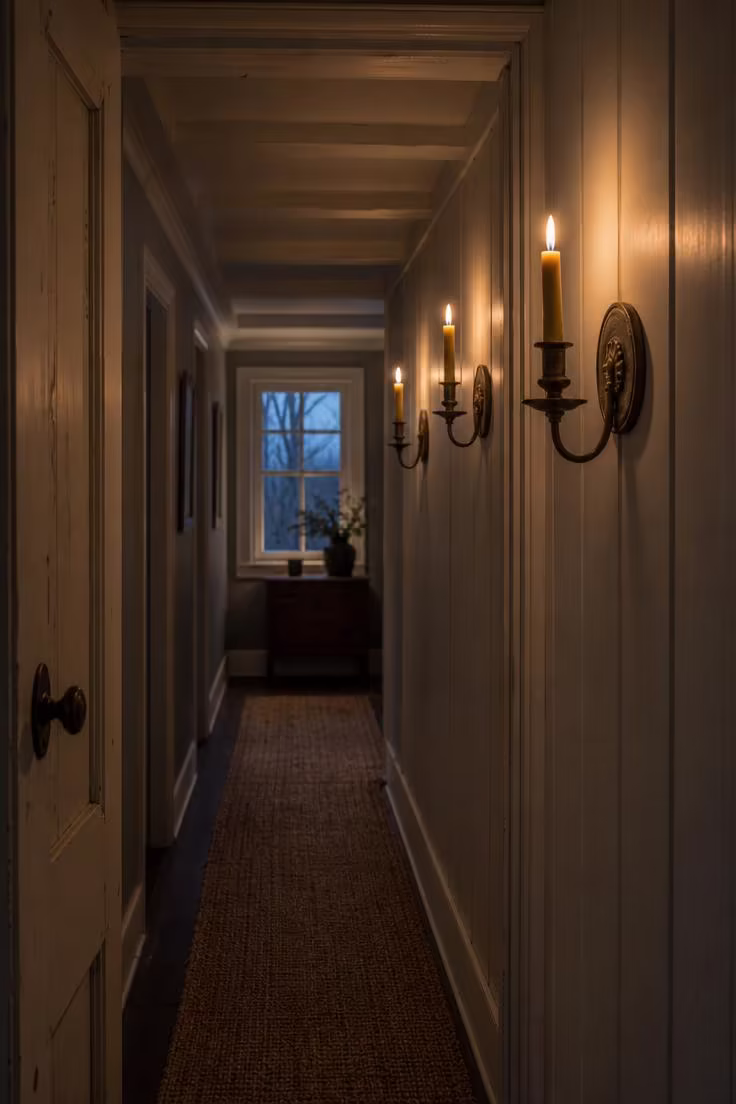 Three aged brass candle sconces with lit beeswax tapers mounted along a white board-and-batten hallway, photographed from a doorway at dusk.