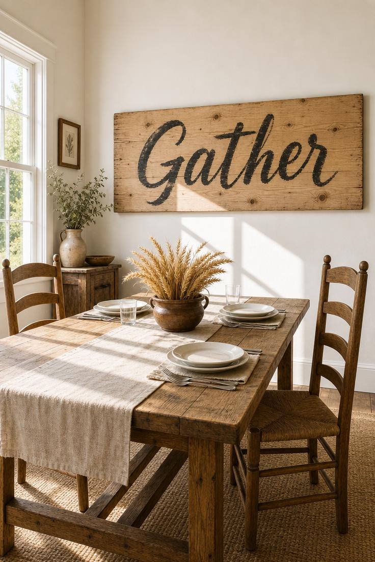 A wide view of a farmhouse dining room with a hand-lettered pine plank sign reading Gather in faded black milk paint, lit by bright midday sunlight.