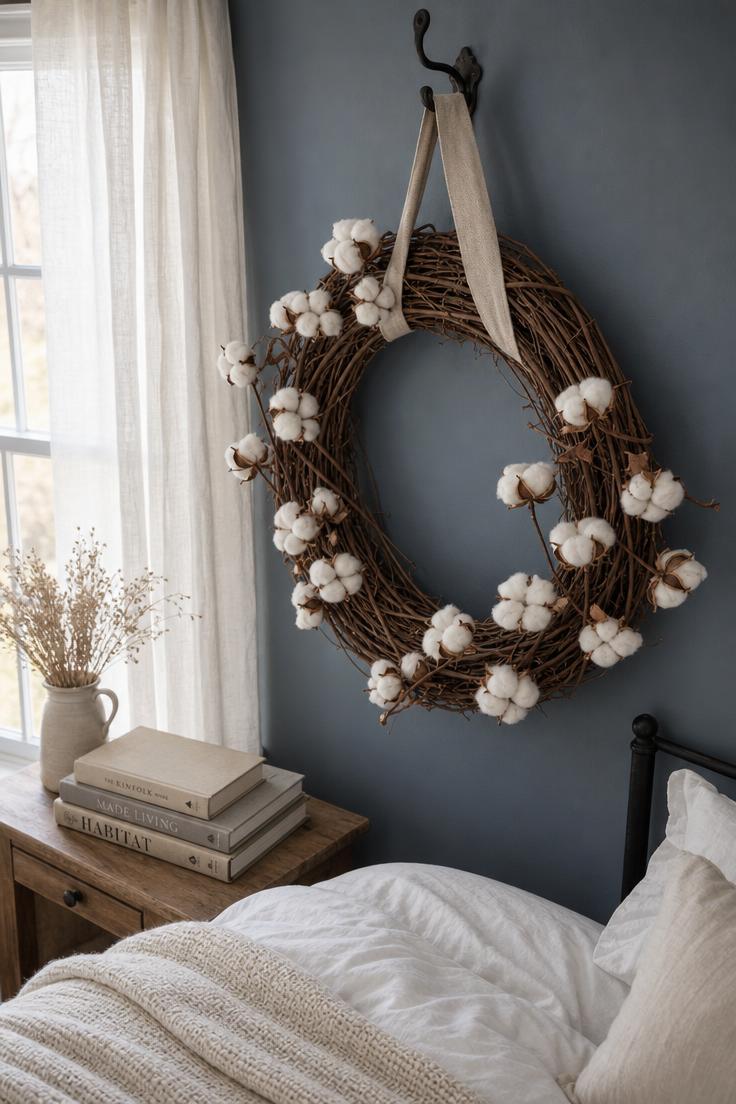 A grapevine wreath with raw cotton bolls hung by a linen ribbon on a slate blue bedroom wall, photographed from a slight overhead angle in soft diffused light.