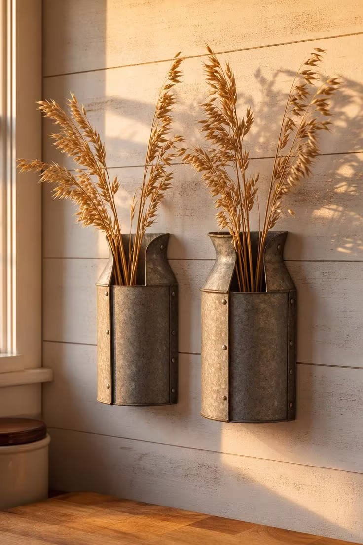 Two galvanized steel milk jugs mounted as wall vases on a whitewashed shiplap wall, holding dried oat grass stems in warm golden hour light.