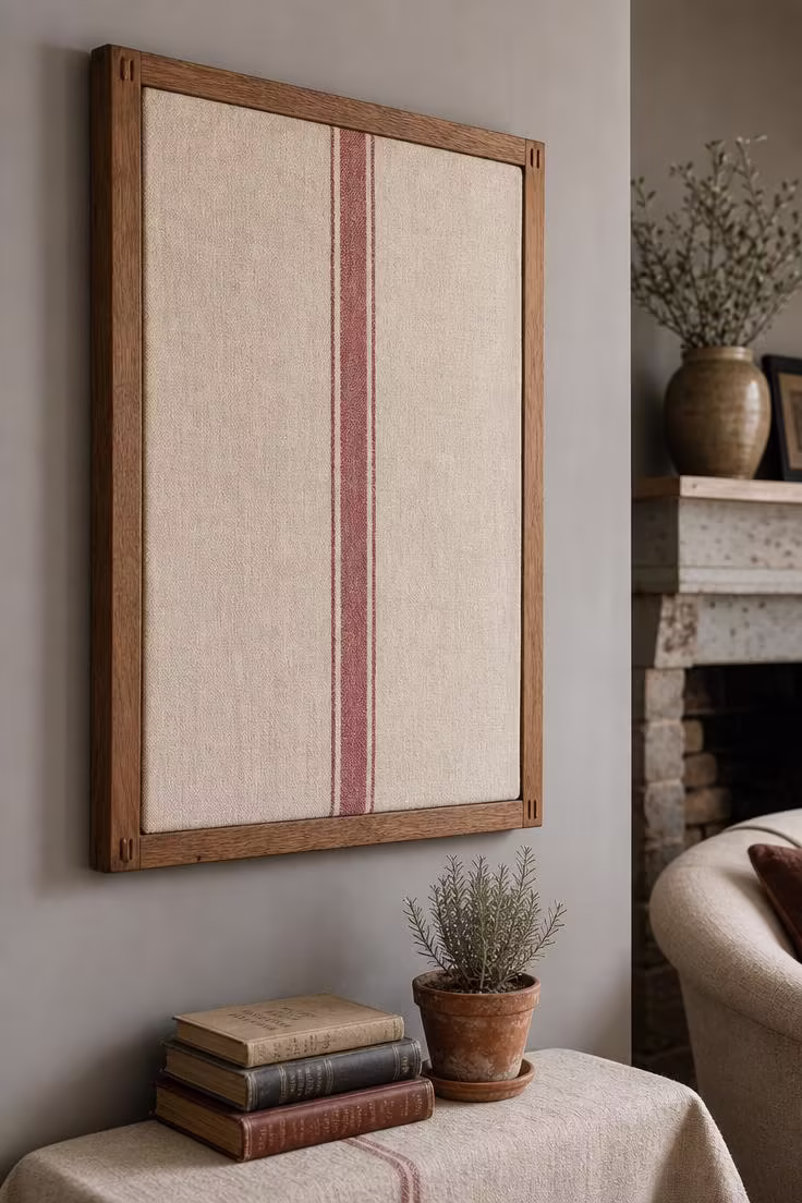A grain sack linen panel with a faded red stripe stretched over a hickory frame, hung on a warm gray living room wall in cool overcast morning light.