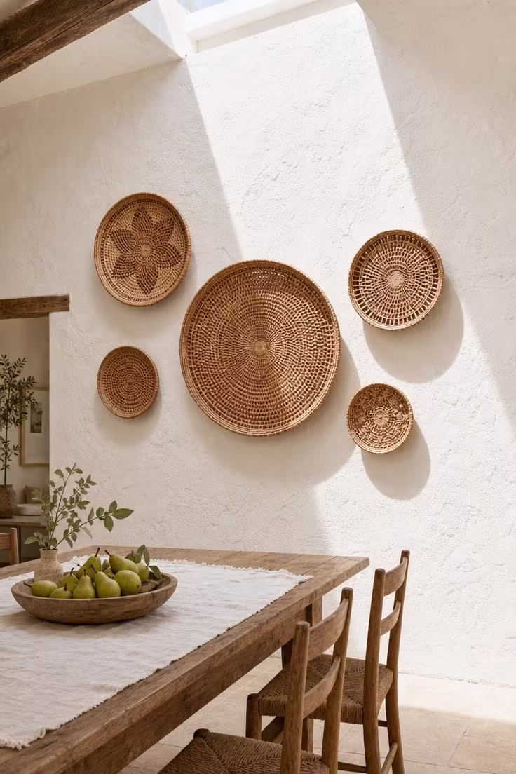 Five round woven rattan trays in graduated sizes arranged on a warm white lime plaster wall, photographed in bright midday sunlight in a farmhouse dining room.