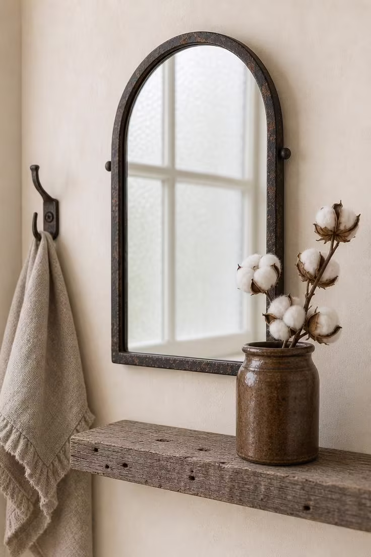 A small arched iron farmhouse mirror above a reclaimed wood shelf with a single cotton stem in a stoneware crock, in soft diffused powder room light.