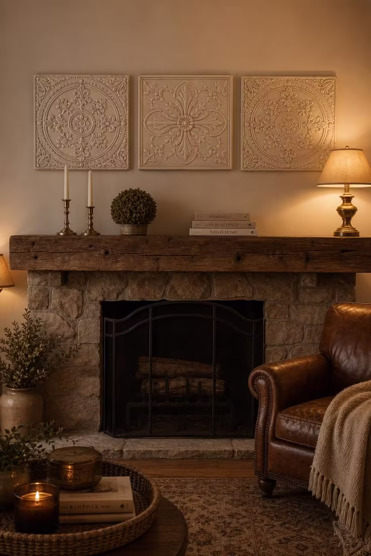 Three pressed tin ceiling tiles painted in soft cream hung in a row above a reclaimed wood mantel with brass taper holders, in low warm evening lamplight.