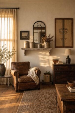 A farmhouse living room wall with a collected arrangement of whitewashed wood shelves, an arched iron mirror, and a grain sack textile, in warm golden afternoon light.