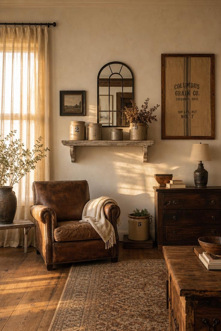 Simple Spaces 11 A farmhouse living room wall with a collected arrangement of whitewashed wood shelves, an arched iron mirror, and a grain sack textile, in warm golden afternoon light.