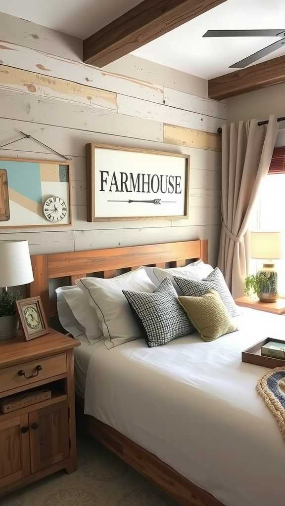 A rustic farmhouse bedroom featuring a variety of wall art including wooden signs and a cozy bed.