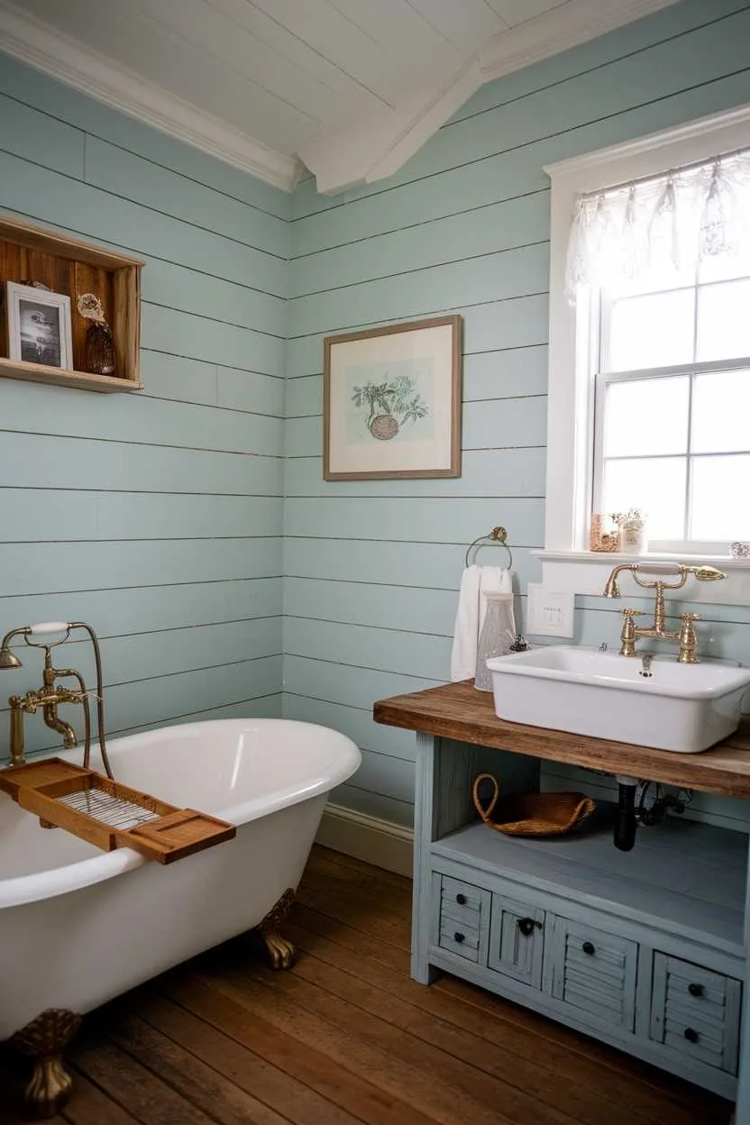 14 Light Blue Bathroom Ideas to Inspire Your Space 5 Light blue shiplap bathroom with a bathtub and sink