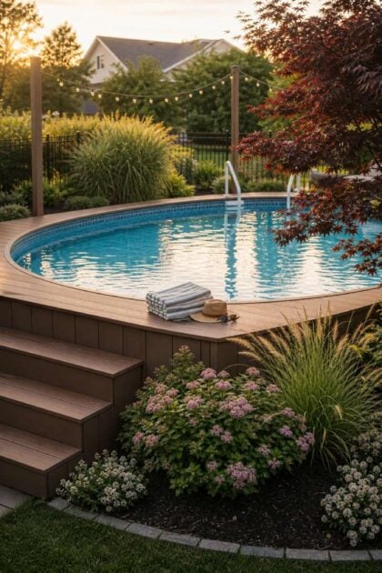 15 Nice Above Ground Pool Ideas You Can Steal This Year Beautiful above ground pool with composite deck surround, lush landscaping and golden hour lighting in a well-designed backyard
