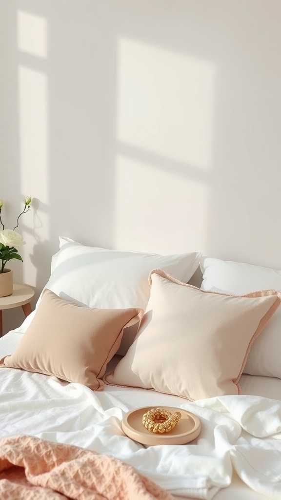 A beautifully arranged bed with soft pillows and a decorative plate in a cozy, light-filled bedroom.