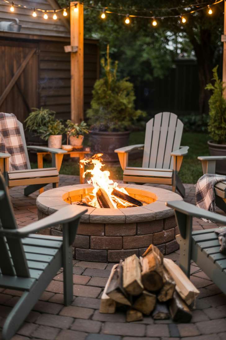 Circular stone fire bowl surrounded by Adirondack chairs with plaid blankets