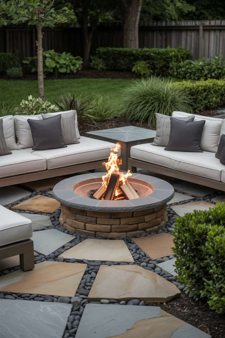 Circular stone fire bowl with cream sectional seating on flagstone pavers