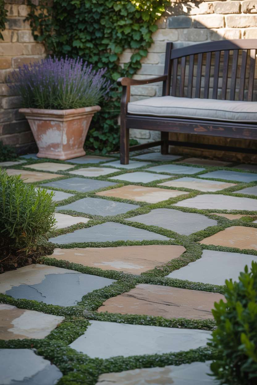 23 Flagstone Patio Design Ideas for a Stylish Outdoor Space 1 Weathered flagstone patio with irregular stone arrangement, featuring terracotta planter with purple lavender and wooden bench against ivy-covered stone wall