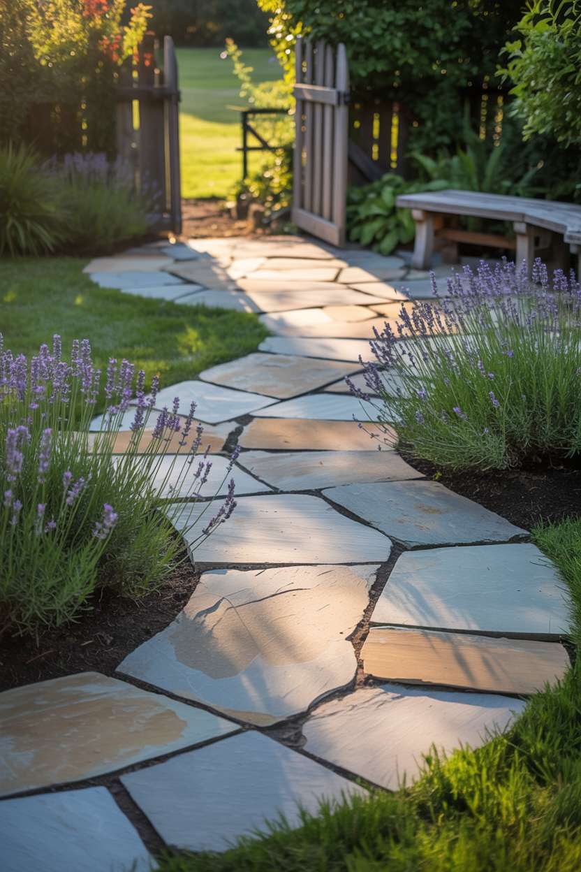23 Flagstone Patio Design Ideas for a Stylish Outdoor Space 2 Newly constructed flagstone patio with flowing stone pattern leading to stone bench, surrounded by green lawn and purple lavender border with wooden gate