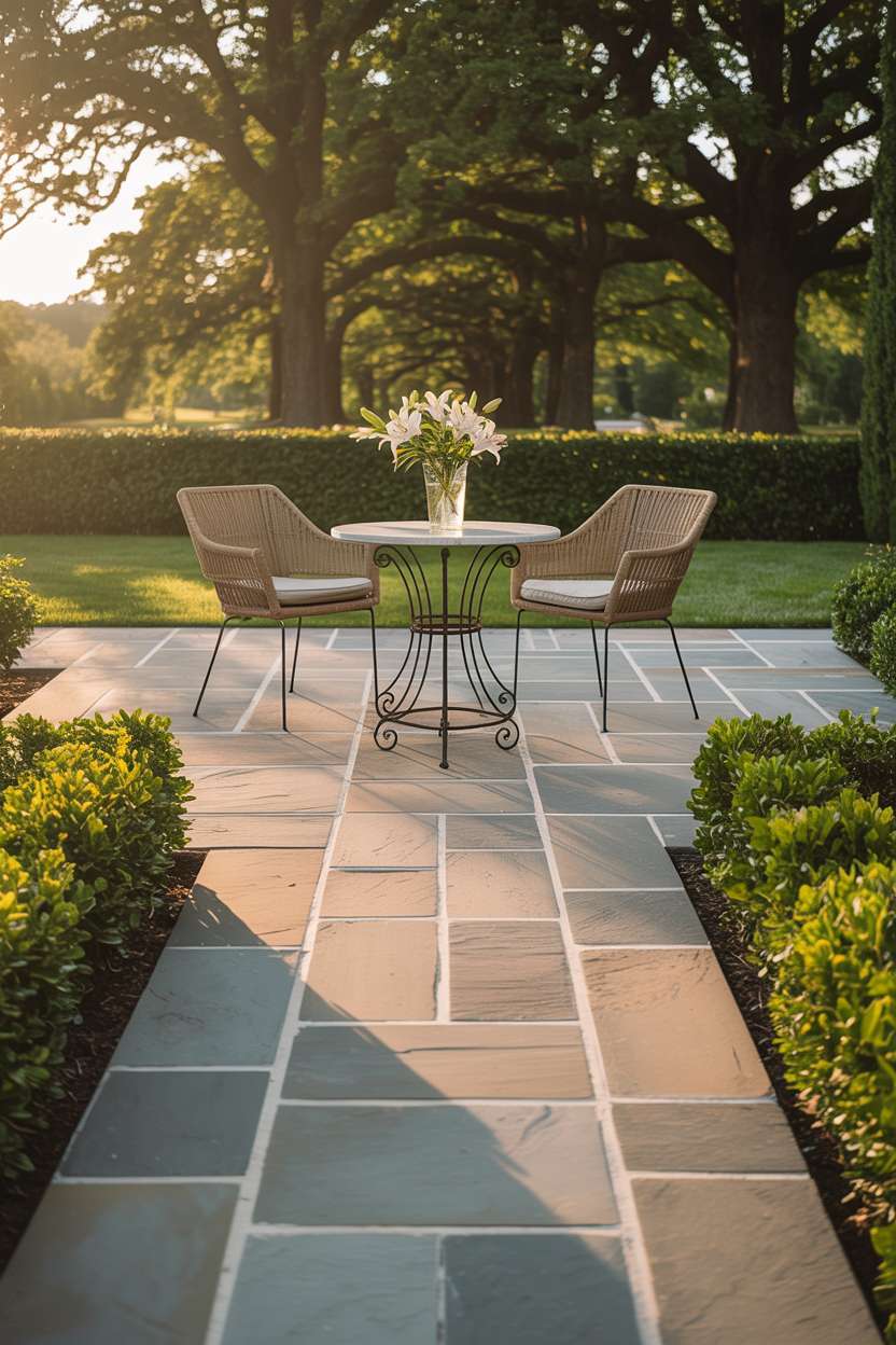 23 Flagstone Patio Design Ideas for a Stylish Outdoor Space 3 Stylish flagstone patio with warm grey stones in herringbone pattern, featuring wrought iron bistro table with white lilies and woven chairs, bordered by boxwood hedges
