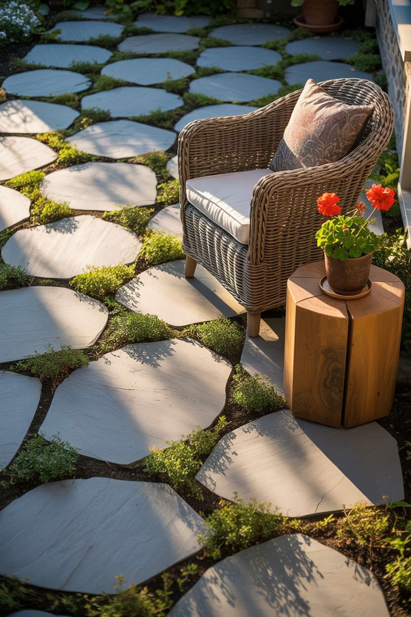 23 Flagstone Patio Design Ideas for a Stylish Outdoor Space 4 Cozy flagstone patio with light grey irregular stones and creeping thyme, featuring wicker chair with patterned cushions next to wooden table with red geranium