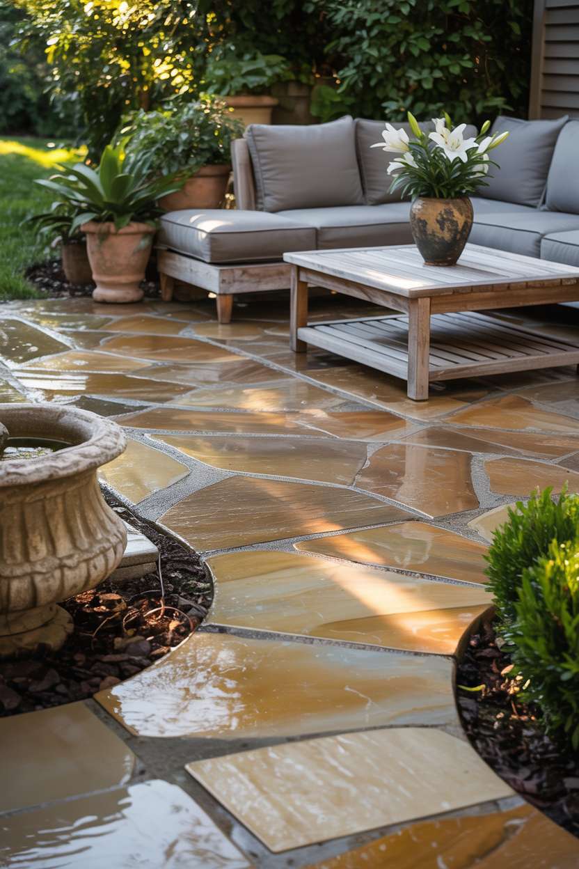 23 Flagstone Patio Design Ideas for a Stylish Outdoor Space 5 Beautifully designed flagstone patio with warm-toned intricate stone pattern, featuring grey sectional sofa and rustic coffee table with white lilies, surrounded by garden and stone fountain