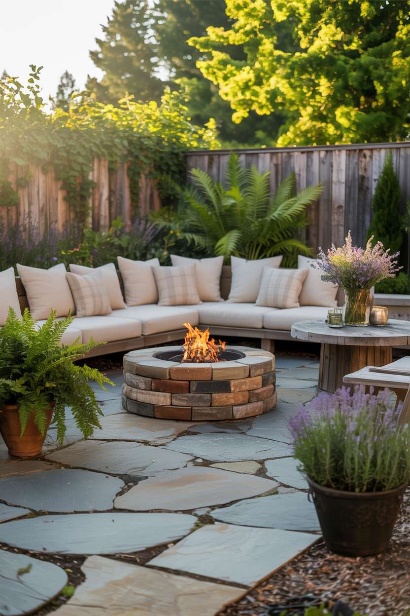 23 Flagstone Patio Design Ideas for a Stylish Outdoor Space 6 Backyard flagstone patio with central circular stone fire pit surrounded by cream-colored outdoor cushions on modern sofa, with potted ferns and lavender around perimeter
