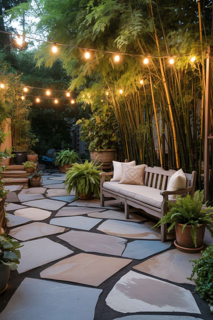 23 Flagstone Patio Design Ideas for a Stylish Outdoor Space 7 Flagstone patio with large irregular gray and beige stones, featuring wooden bench with cream cushion under string lights, surrounded by bamboo and potted ferns